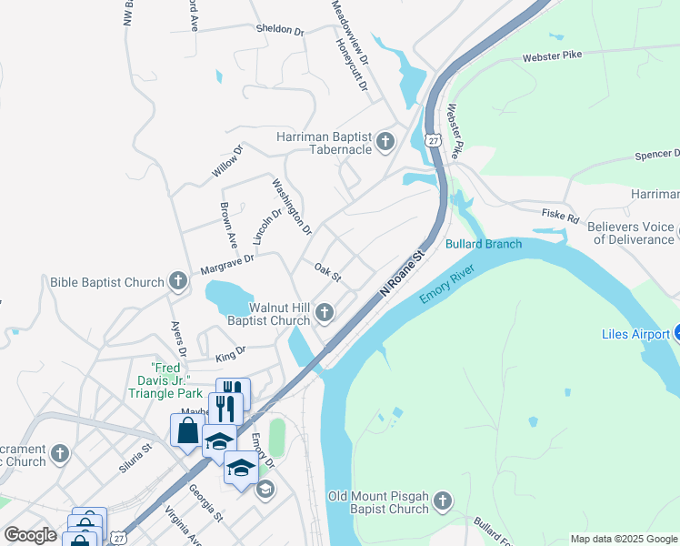 map of restaurants, bars, coffee shops, grocery stores, and more near 215 Maple Street in Harriman