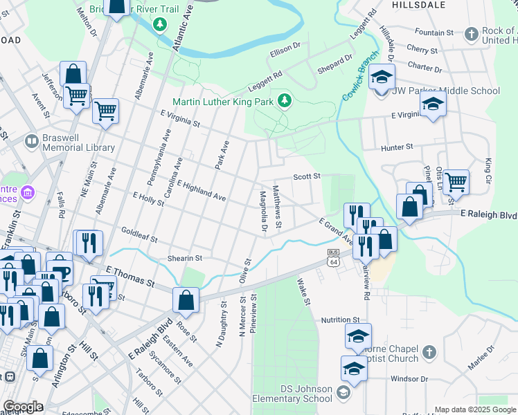 map of restaurants, bars, coffee shops, grocery stores, and more near 500 Magnolia Drive in Rocky Mount