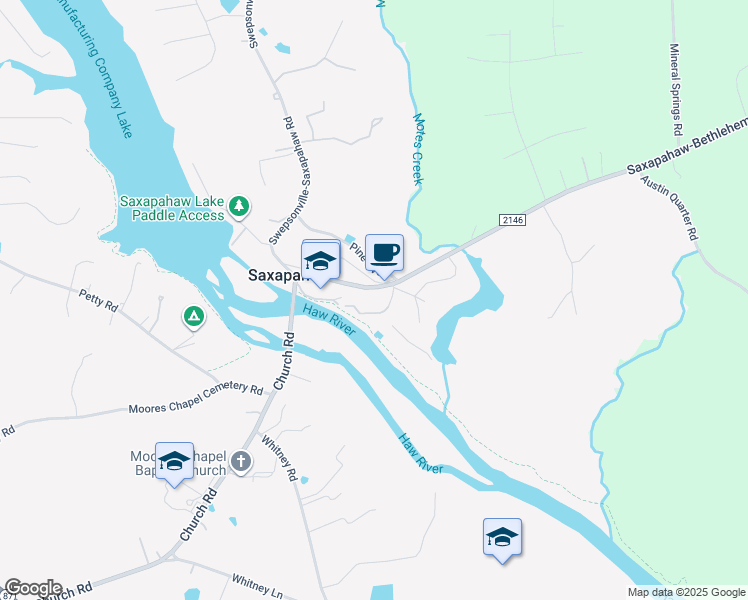map of restaurants, bars, coffee shops, grocery stores, and more near 1735 Saxapahaw-Bethlehem Church Road in Saxapahaw