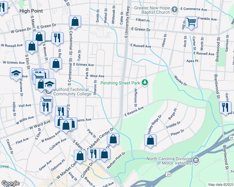 map of restaurants, bars, coffee shops, grocery stores, and more near 1026 Grace Street in High Point