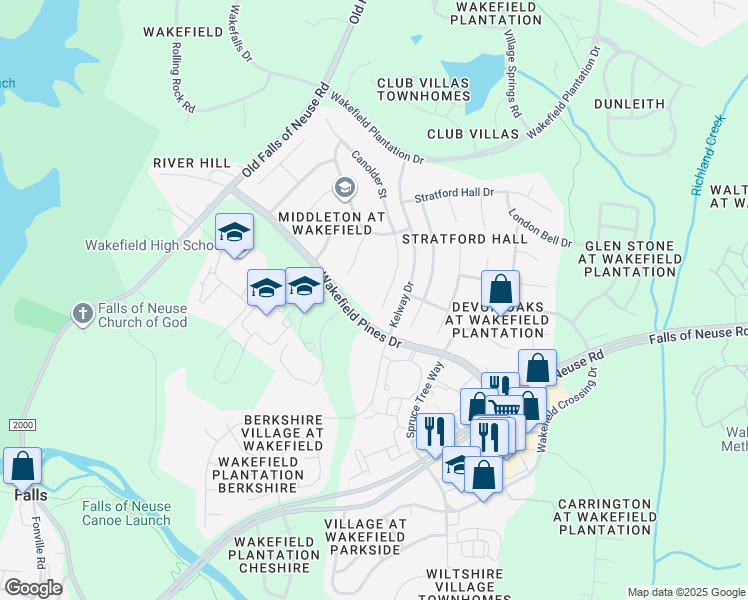 map of restaurants, bars, coffee shops, grocery stores, and more near 12305 Canolder Street in Raleigh