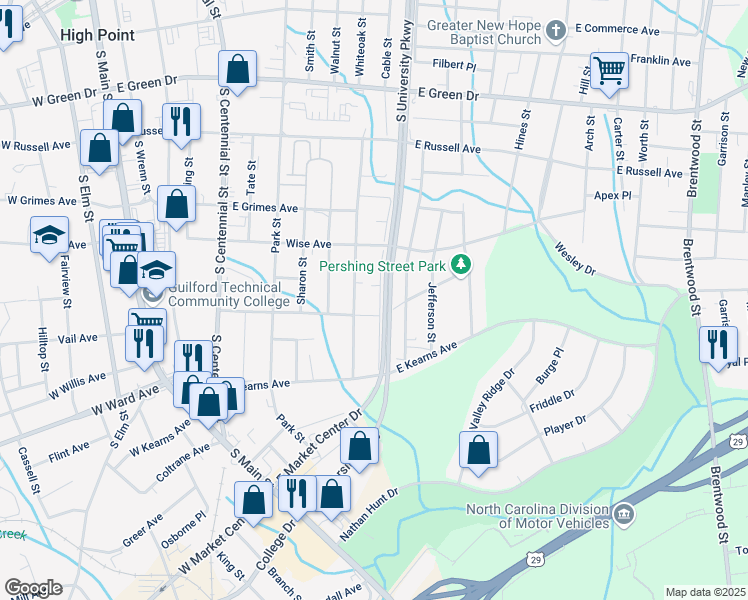 map of restaurants, bars, coffee shops, grocery stores, and more near 1026 Grace Street in High Point