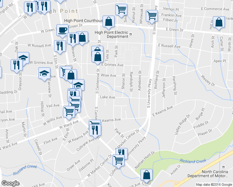 map of restaurants, bars, coffee shops, grocery stores, and more near 1000 Park Street in High Point
