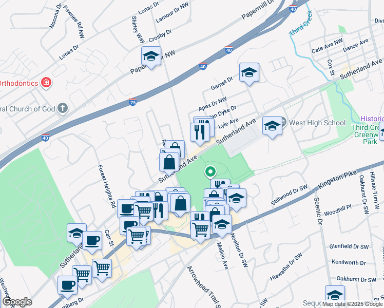 map of restaurants, bars, coffee shops, grocery stores, and more near in Knoxville