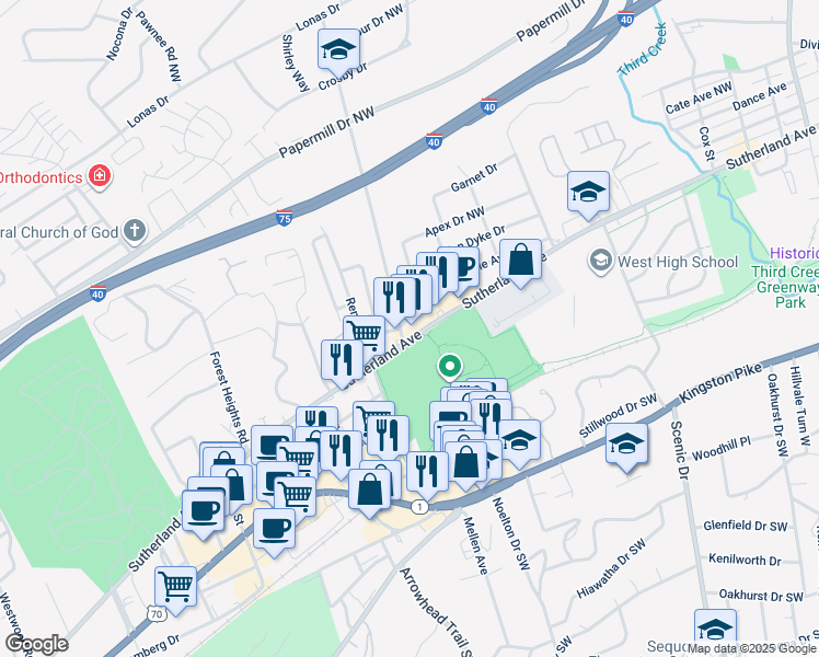 map of restaurants, bars, coffee shops, grocery stores, and more near in Knoxville