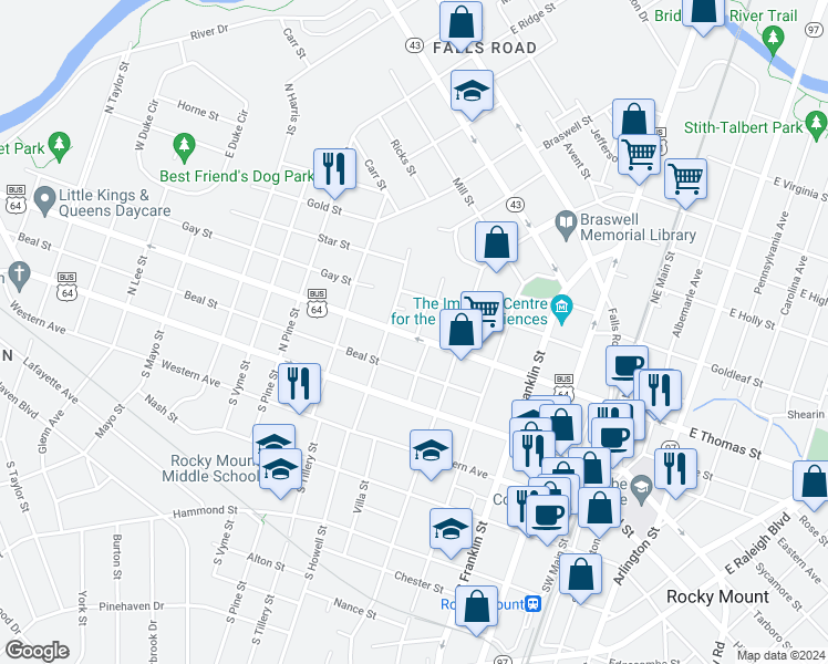 map of restaurants, bars, coffee shops, grocery stores, and more near 300 Middle Street in Rocky Mount