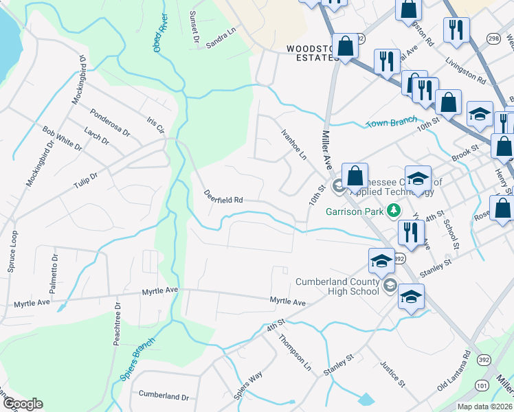 map of restaurants, bars, coffee shops, grocery stores, and more near 341 Deerfield Road in Crossville