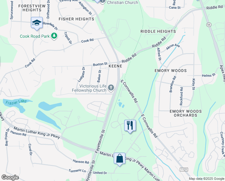 map of restaurants, bars, coffee shops, grocery stores, and more near 4122 Fayetteville Street in Durham