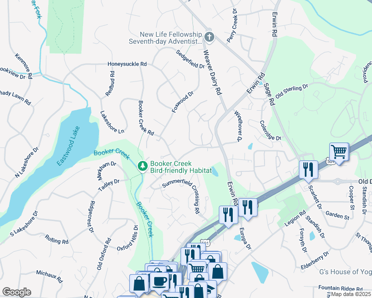 map of restaurants, bars, coffee shops, grocery stores, and more near 2139 Old Oxford Road East in Chapel Hill