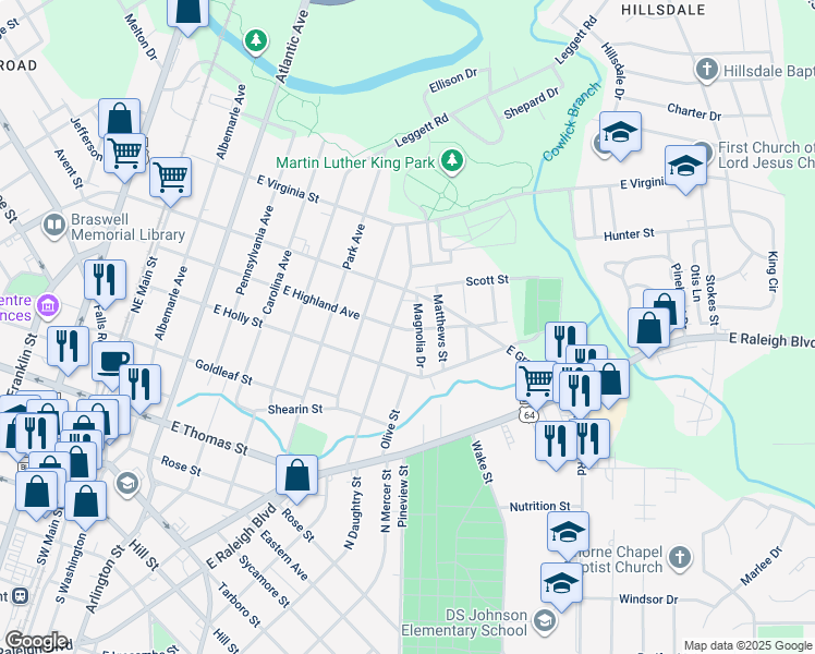 map of restaurants, bars, coffee shops, grocery stores, and more near 928 East Highland Avenue in Rocky Mount