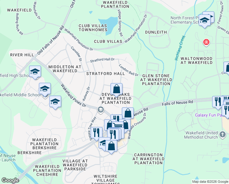 map of restaurants, bars, coffee shops, grocery stores, and more near 12213 Kaysmount Court in Raleigh