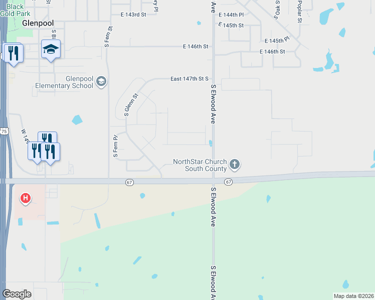 map of restaurants, bars, coffee shops, grocery stores, and more near 423 West 151st Street South in Glenpool