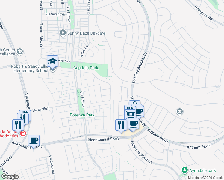 map of restaurants, bars, coffee shops, grocery stores, and more near 2170 Monte Bianco Place in Henderson