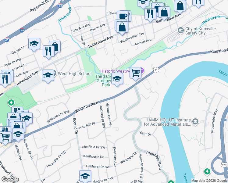map of restaurants, bars, coffee shops, grocery stores, and more near 3643 Kingston Pike in Knoxville