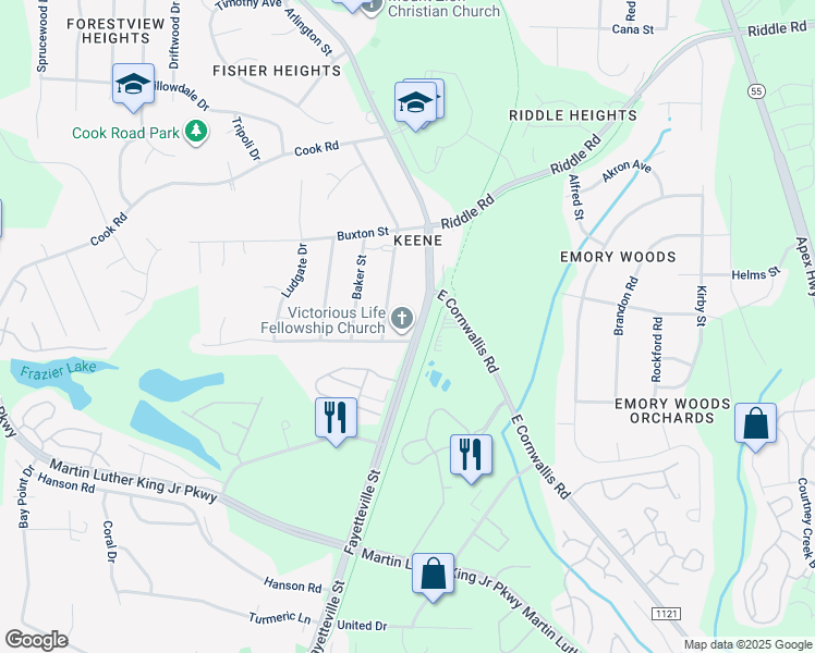 map of restaurants, bars, coffee shops, grocery stores, and more near 4122 Fayetteville Street in Durham