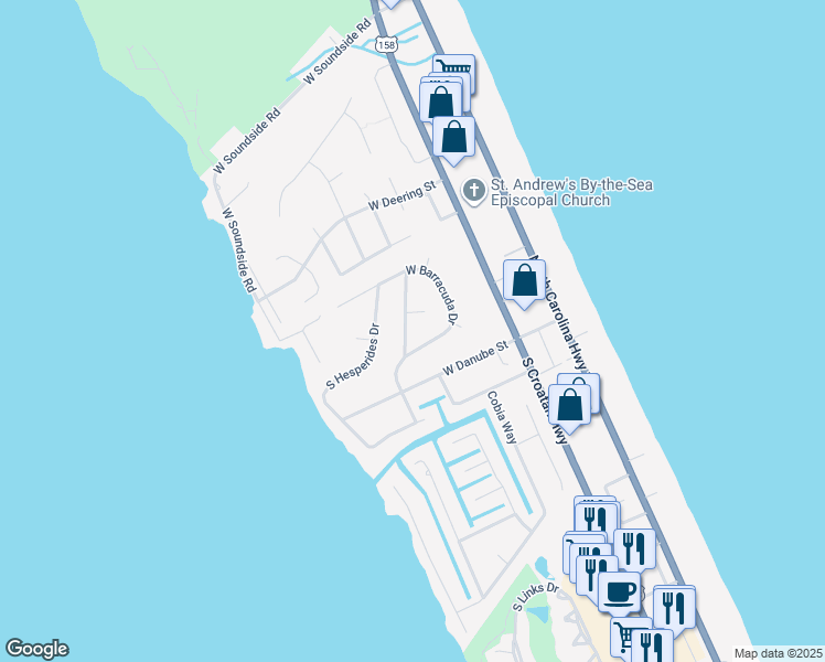 map of restaurants, bars, coffee shops, grocery stores, and more near 4325-4329 West Baracuda Road in Nags Head