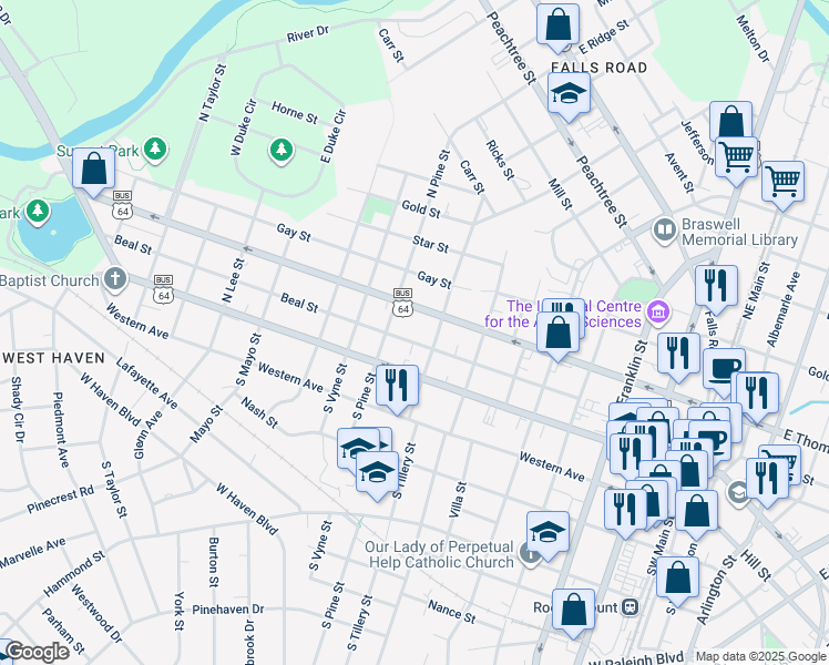 map of restaurants, bars, coffee shops, grocery stores, and more near 818 Beal Street in Rocky Mount