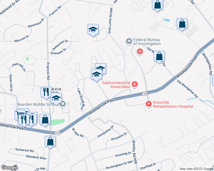map of restaurants, bars, coffee shops, grocery stores, and more near 6801 Middlebrook Pike in Knoxville
