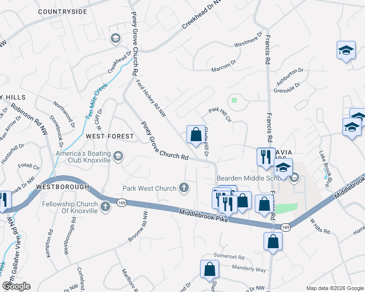 map of restaurants, bars, coffee shops, grocery stores, and more near 1226 Piney Grove Church Road in Knoxville