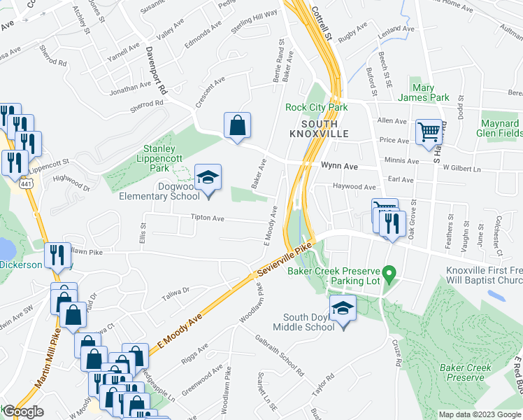 map of restaurants, bars, coffee shops, grocery stores, and more near 835 Tipton Avenue in Knoxville