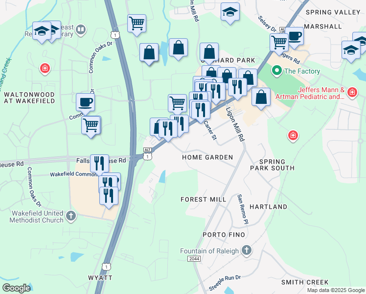 map of restaurants, bars, coffee shops, grocery stores, and more near 1636 Wake Drive in Wake Forest