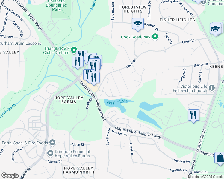 map of restaurants, bars, coffee shops, grocery stores, and more near 12 Grosbeak Lane in Durham