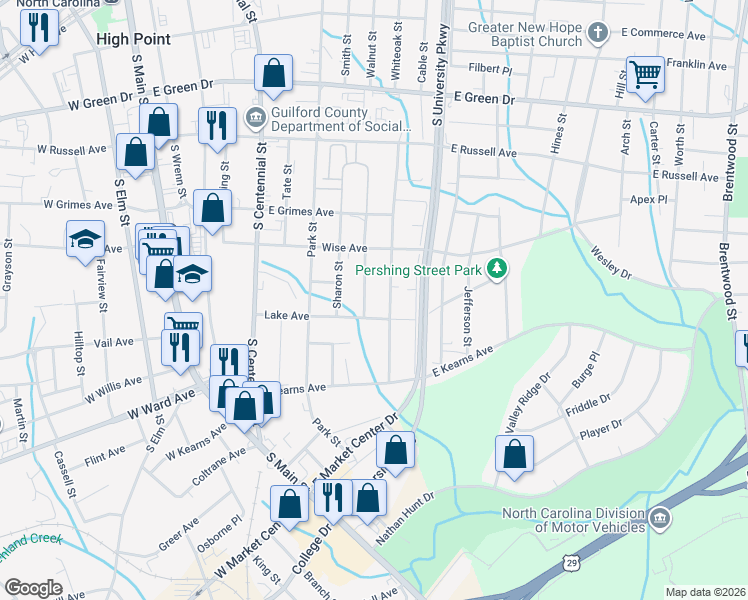 map of restaurants, bars, coffee shops, grocery stores, and more near 933 Randolph Street in High Point