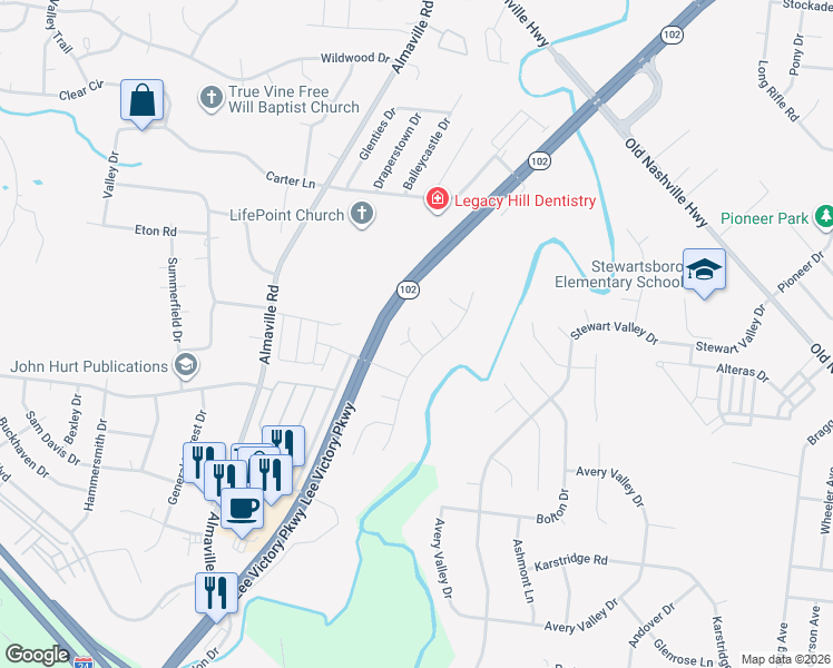 map of restaurants, bars, coffee shops, grocery stores, and more near 604 Blossom Hill Drive in Smyrna