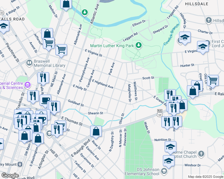 map of restaurants, bars, coffee shops, grocery stores, and more near 723 East Highland Avenue in Rocky Mount