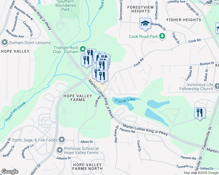 map of restaurants, bars, coffee shops, grocery stores, and more near 1005 Orchard Oriole Lane in Durham