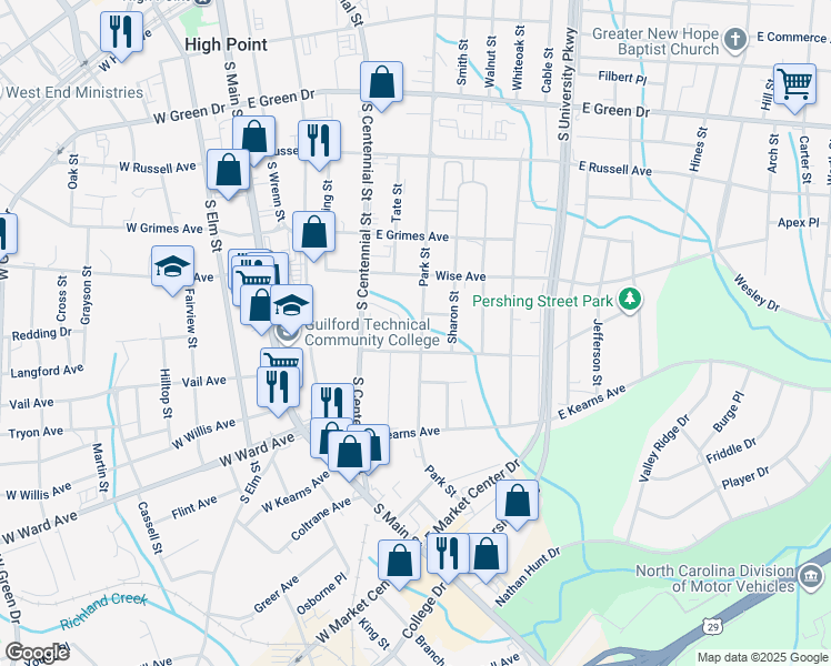 map of restaurants, bars, coffee shops, grocery stores, and more near 906 Park Street in High Point