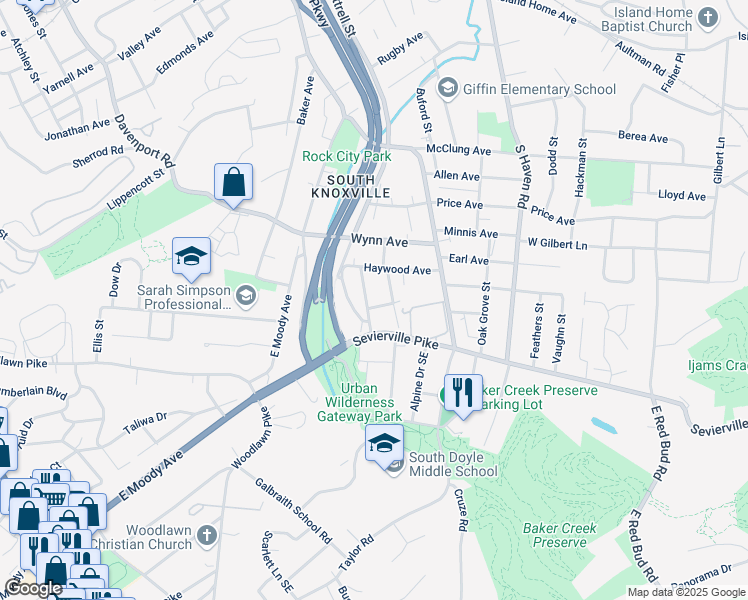 map of restaurants, bars, coffee shops, grocery stores, and more near 3510 Sevierville Pike in Knoxville