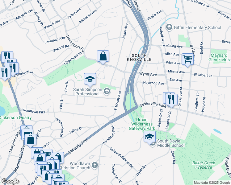 map of restaurants, bars, coffee shops, grocery stores, and more near 835 Tipton Avenue in Knoxville
