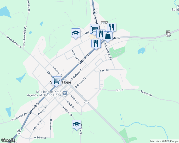 map of restaurants, bars, coffee shops, grocery stores, and more near 318 E Branch St in Spring Hope