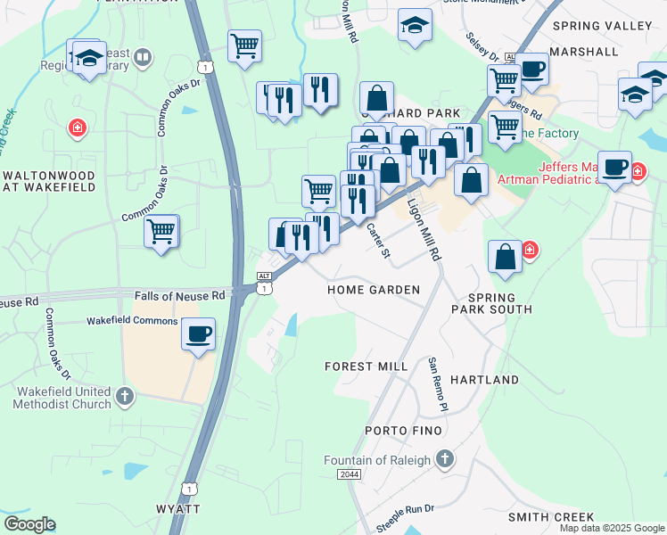 map of restaurants, bars, coffee shops, grocery stores, and more near 1636 Wake Drive in Wake Forest