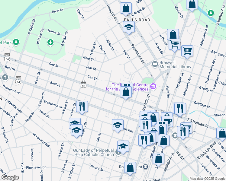 map of restaurants, bars, coffee shops, grocery stores, and more near 300 Middle Street in Rocky Mount