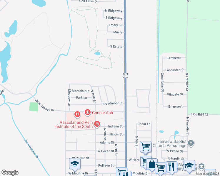 map of restaurants, bars, coffee shops, grocery stores, and more near 1801 Eastgate Street in Blytheville