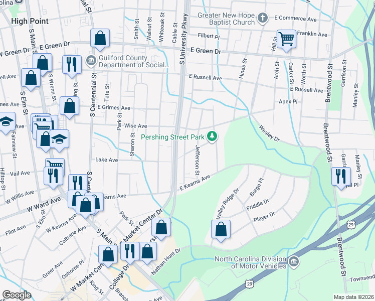 map of restaurants, bars, coffee shops, grocery stores, and more near 1015 Richland Street in High Point