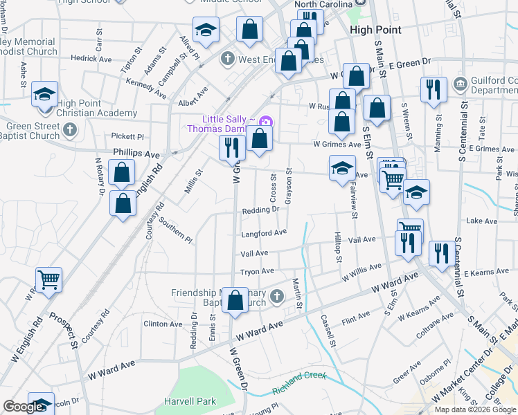 map of restaurants, bars, coffee shops, grocery stores, and more near 514 Amos Street in High Point