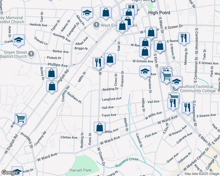 map of restaurants, bars, coffee shops, grocery stores, and more near 527 Amos Street in High Point
