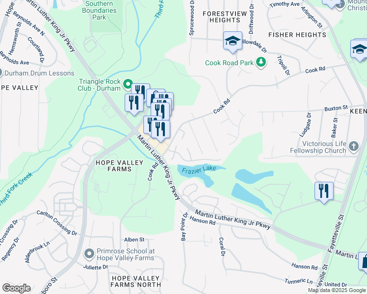 map of restaurants, bars, coffee shops, grocery stores, and more near 17 Grosbeak Lane in Durham