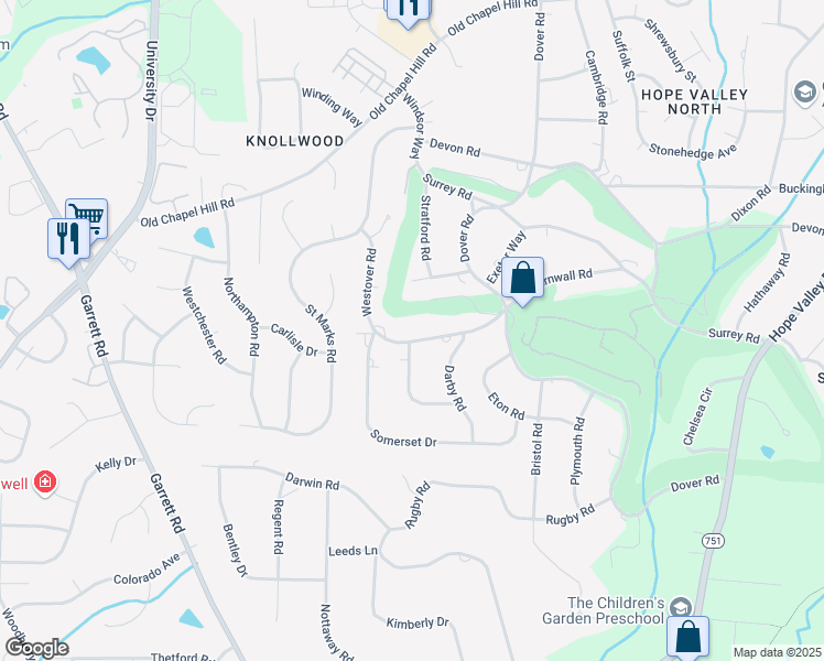 map of restaurants, bars, coffee shops, grocery stores, and more near 3400 Westover Road in Durham