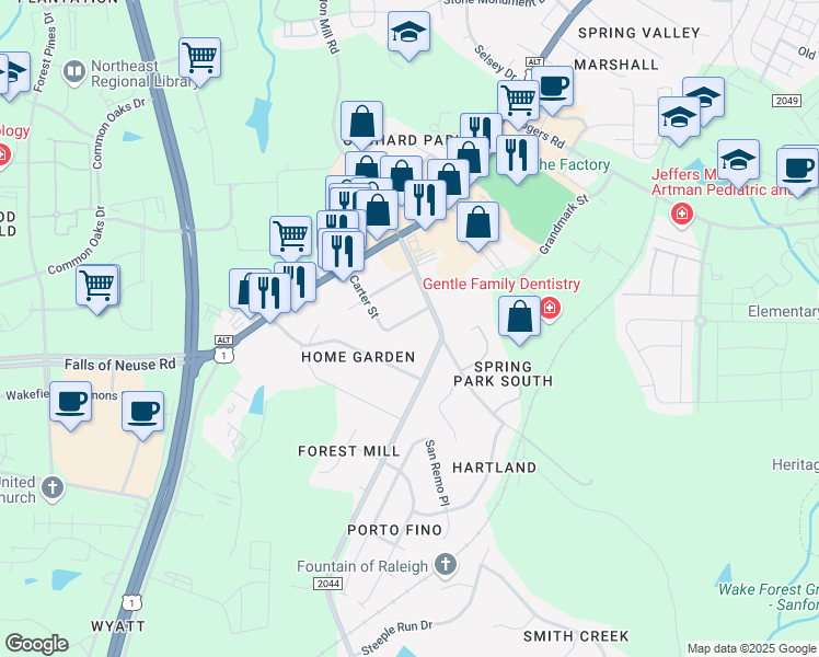 map of restaurants, bars, coffee shops, grocery stores, and more near 1609 Cameron Drive in Wake Forest