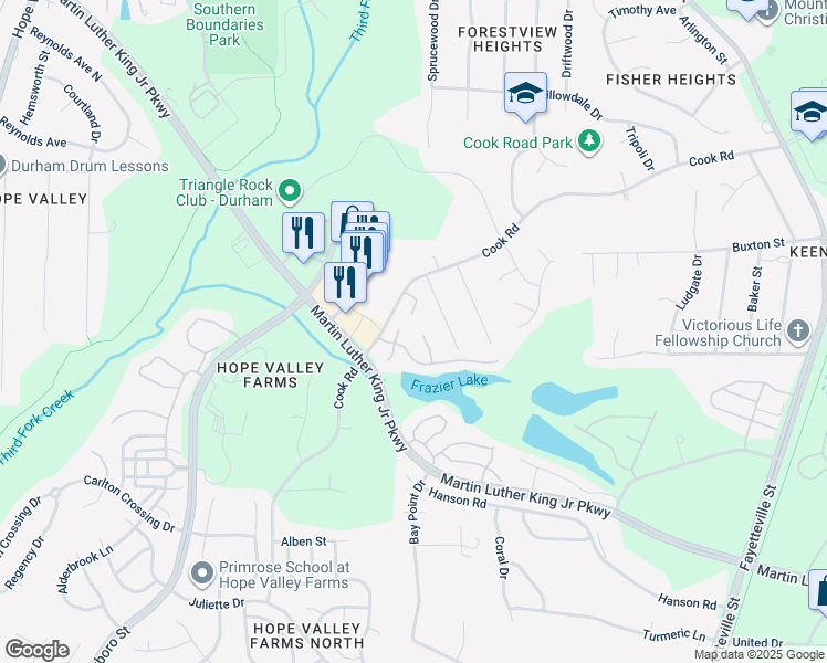 map of restaurants, bars, coffee shops, grocery stores, and more near 17 Grosbeak Lane in Durham