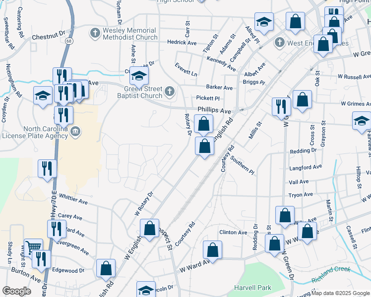 map of restaurants, bars, coffee shops, grocery stores, and more near 1601 West Rotary Drive in High Point
