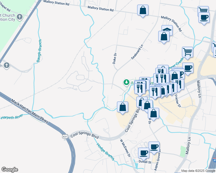 map of restaurants, bars, coffee shops, grocery stores, and more near 325 Seaboard Lane in Franklin