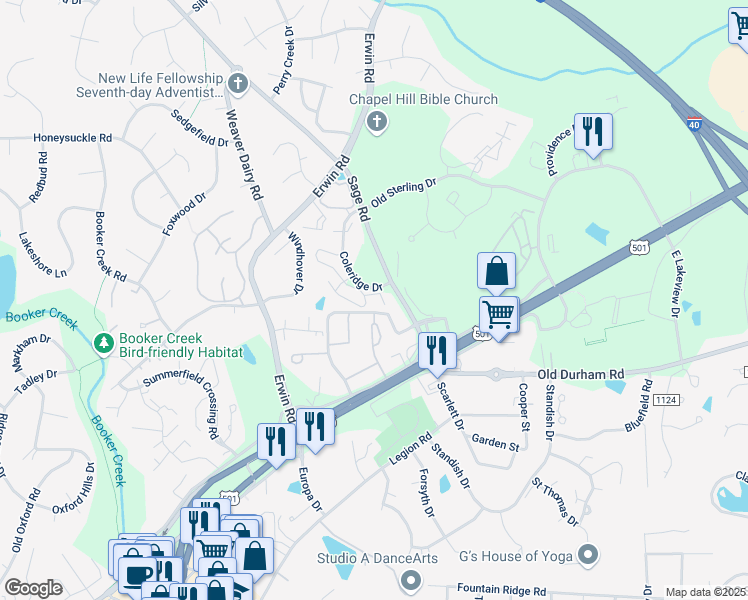 map of restaurants, bars, coffee shops, grocery stores, and more near 100 Dickens Court in Chapel Hill
