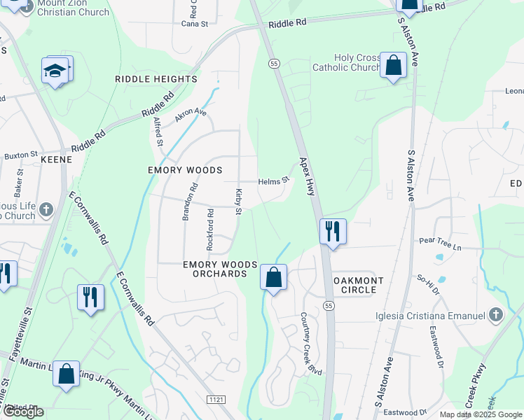 map of restaurants, bars, coffee shops, grocery stores, and more near 2624 Apex Highway in Durham