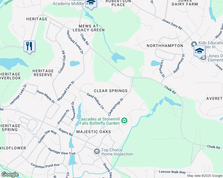 map of restaurants, bars, coffee shops, grocery stores, and more near 1600 Farm Hill Court in Wake Forest