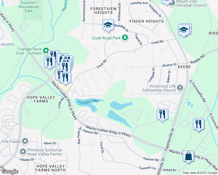 map of restaurants, bars, coffee shops, grocery stores, and more near 8 Deep Forest Drive in Durham